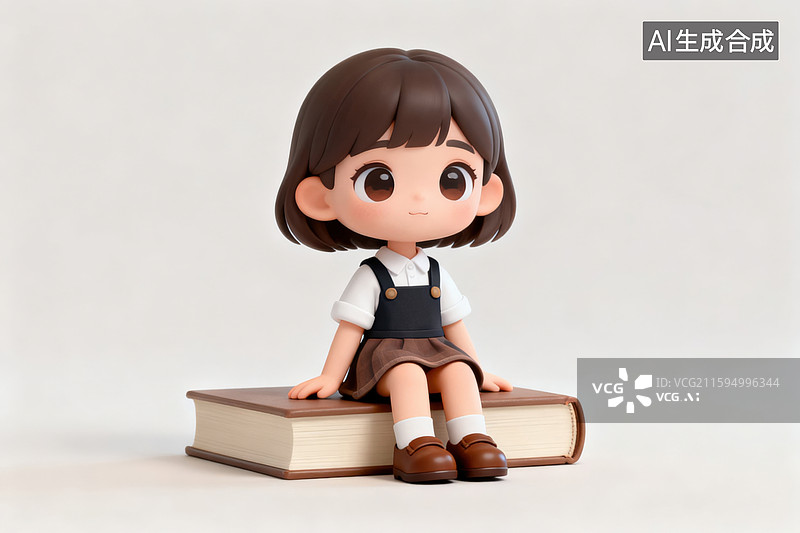 【AI数字艺术】女孩坐在书上卡通形象图片素材
