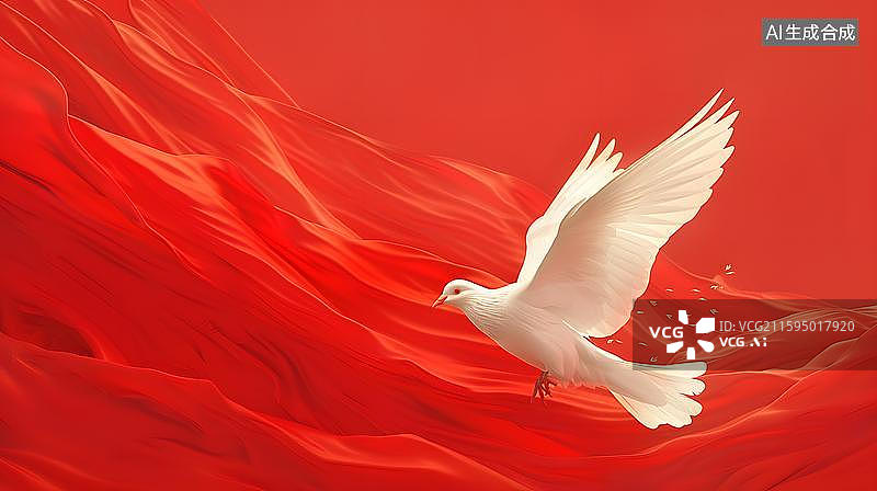 【AI数字艺术】飘扬红绸与白鸽 红色背景和平鸽   红背景前展翅飞翔的白鸽  红色旗帜下一只和平鸽飞翔图片素材