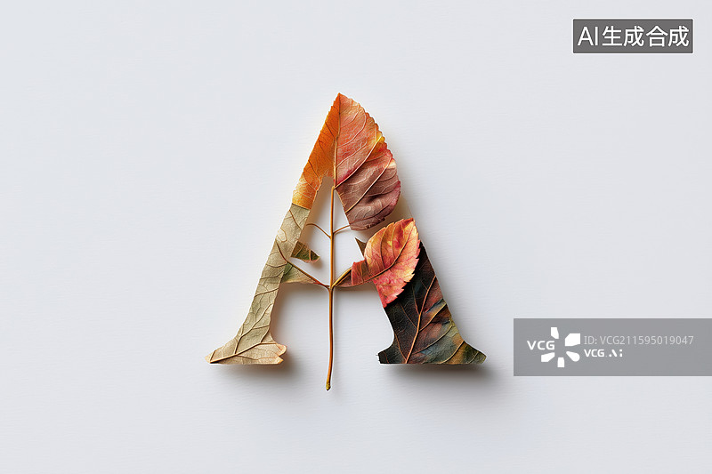【AI数字艺术】秋天枯黄树叶组成的英文大写字母A图案扁平背景插画图片素材