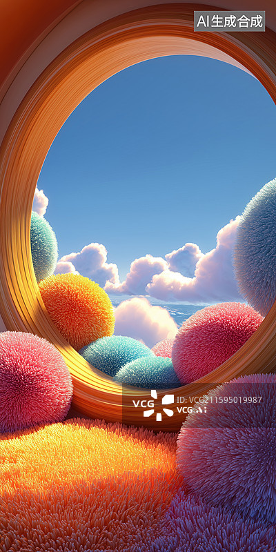 【AI数字艺术】松弛感外星球温暖住宅堆满毛绒圆球的圆型窗外的景色3D卡通立体插画图片素材