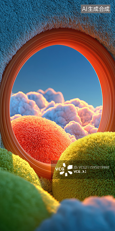 【AI数字艺术】松弛感外星球温暖住宅堆满毛绒圆球的圆型窗外的景色3D卡通立体插画图片素材