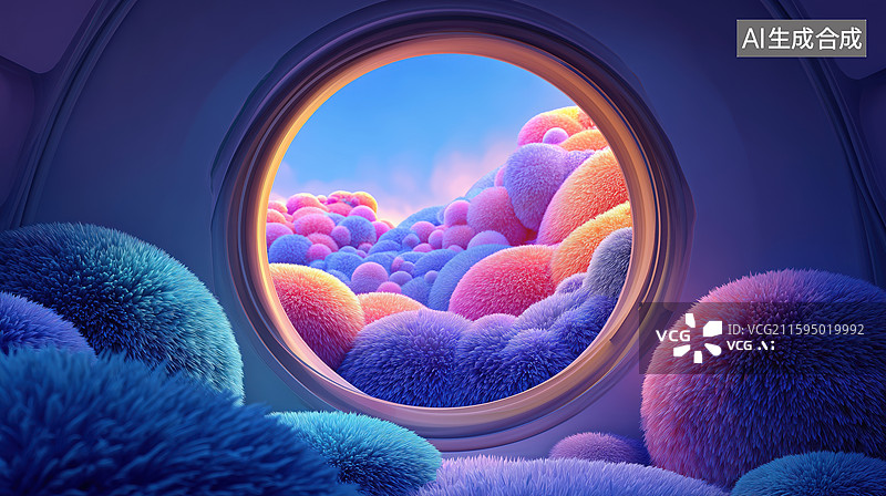 【AI数字艺术】松弛感外星球温暖住宅堆满毛绒圆球的圆型窗外的景色3D卡通立体插画图片素材