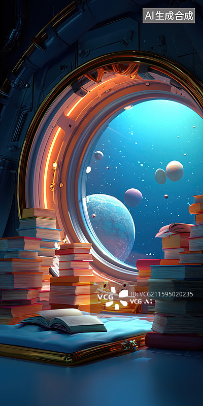 【AI数字艺术】科技未来太空舱圆窗前的桌子堆满书籍3D卡通立体背景插画图片素材