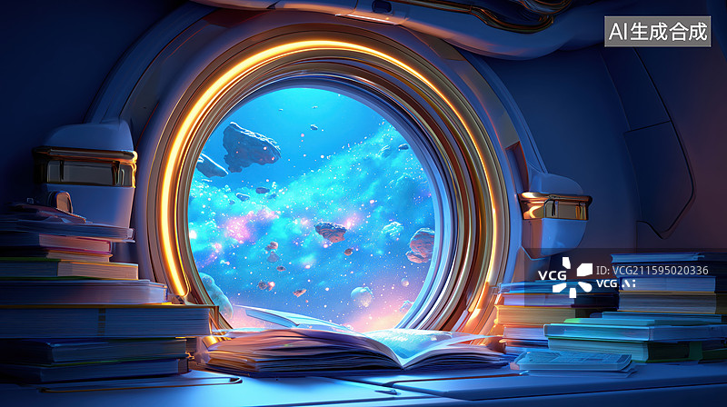 【AI数字艺术】科技未来太空舱圆窗前的桌子堆满书籍3D卡通立体背景插画图片素材