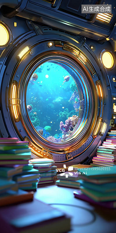 【AI数字艺术】科技未来太空舱圆窗前的桌子堆满书籍3D卡通立体背景插画图片素材