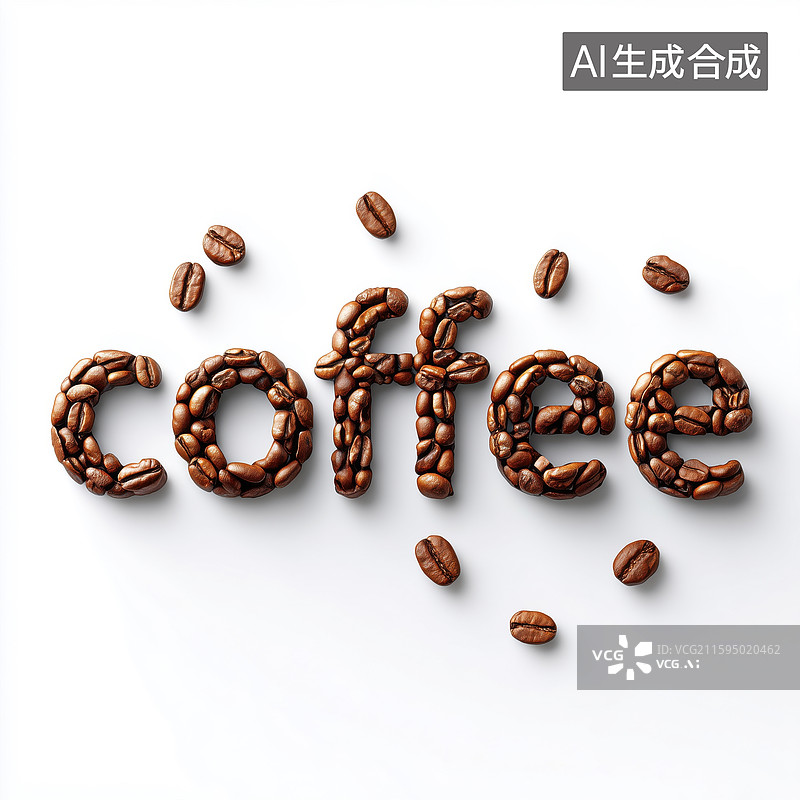 【AI数字艺术】咖啡豆排列的咖啡英文单词coffee图案扁平背景插画图片素材