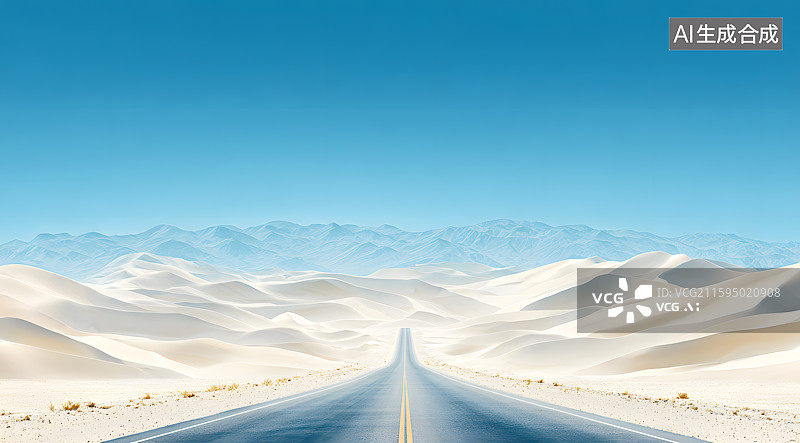 【AI数字艺术】沙漠中一条通向远方的道路图片素材