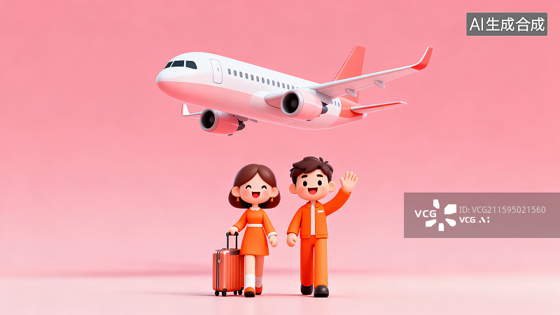 【AI数字艺术】粉色背景下一个巨大的飞机模型和走在前面的一对拉着行李箱在打招呼的卡通人物图片素材