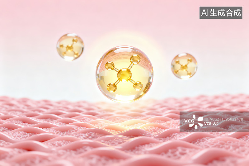 【AI数字艺术】在粉色皮肤细胞屏障上悬浮的金色的微观分子特写，细胞分子化妆品精华液概念图片素材