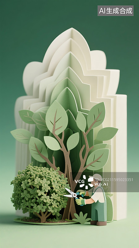 【AI数字艺术】一位园艺师在修剪树木造型三维图图片素材