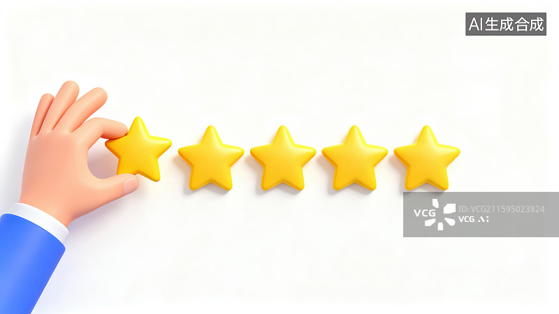 【AI数字艺术】白色背景下蓝色袖子的卡通手捏着拿着一颗黄色五角星，客户评价反馈星级点评体验服务等级满意度调查概念图片素材