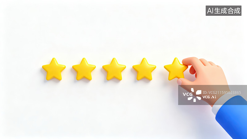 【AI数字艺术】白色背景下蓝色袖子的卡通手捏着拿着一颗黄色五角星，客户评价反馈星级点评体验服务等级满意度调查概念图片素材