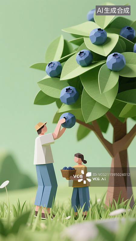 【AI数字艺术】蓝莓树下男女在采摘蓝莓草丛水果三维图图片素材
