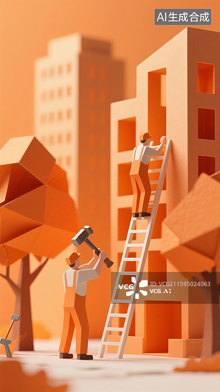 【AI数字艺术】五一劳动节两名建筑工人在修建房子树木高楼三维图图片素材