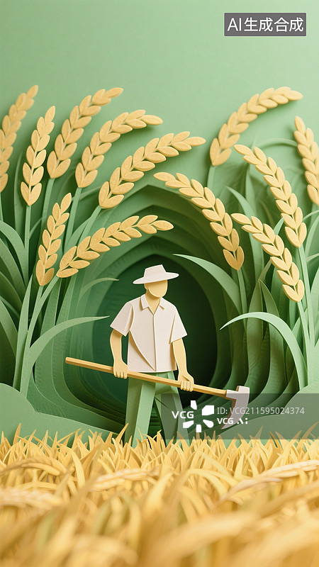 【AI数字艺术】农民伯伯戴着草帽拿着锄头站在稻田边上稻穗丰收三维图图片素材