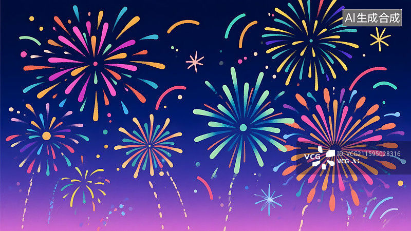【AI数字艺术】夜空绽放多彩烟花平面插画图片素材