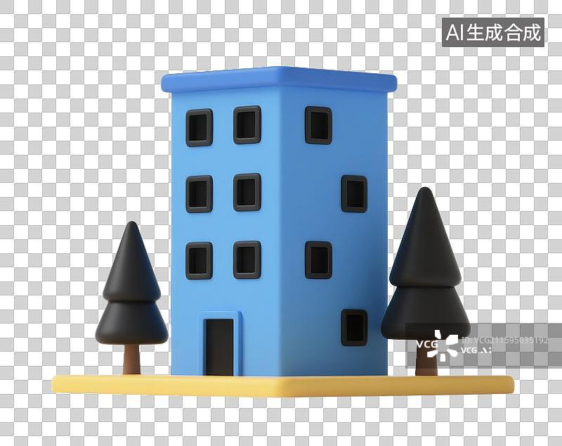 【AI数字艺术】3D三维蓝色房子建筑学校教学楼图书馆元素图片素材