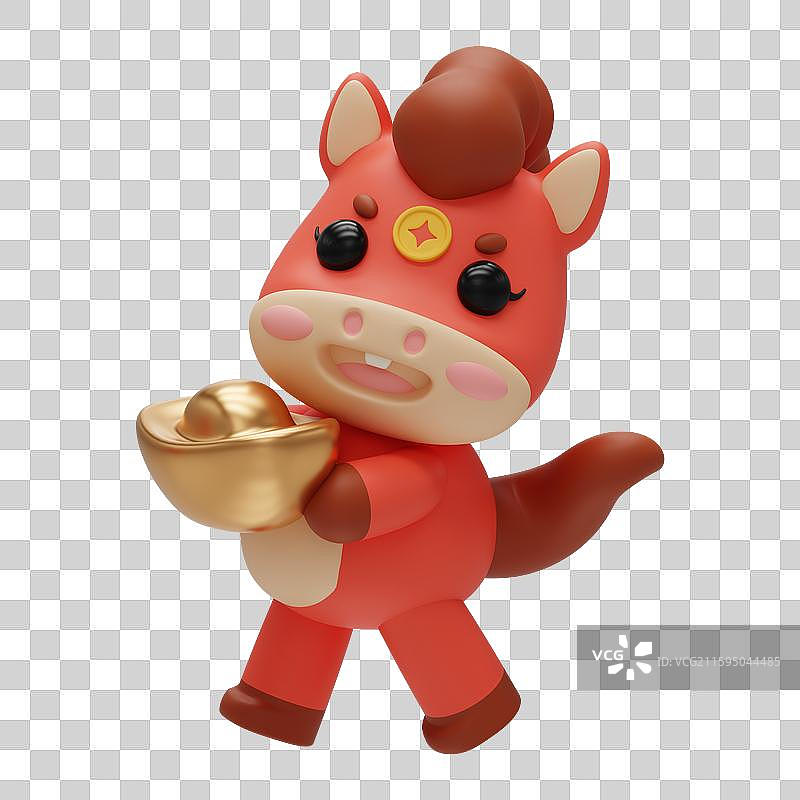 3D萌系小马拿金元宝马年生肖卡通形象节日免抠元素图片素材