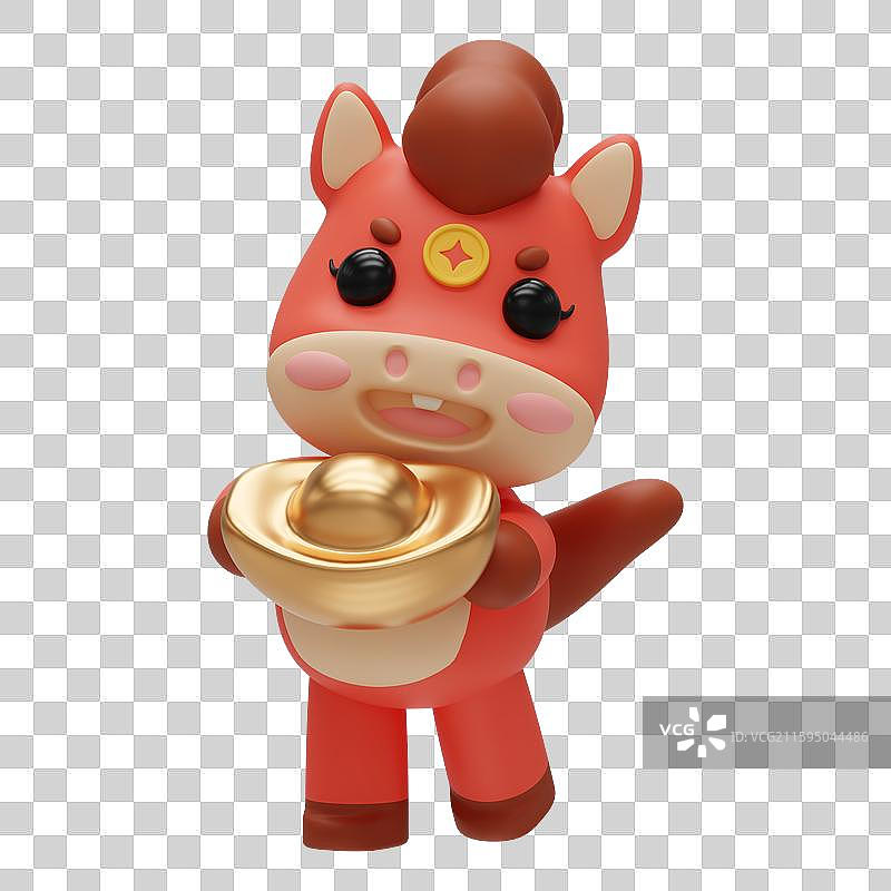 3D萌系小马拿金元宝马年生肖卡通形象节日免抠元素图片素材