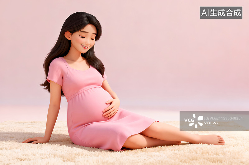 【AI数字艺术】穿着粉红裙子的怀孕女性幸福的把手放在肚子上坐在地毯上图片素材