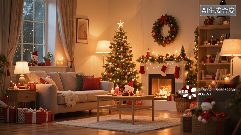 【AI数字艺术】温馨圣诞客厅装饰场景图片素材