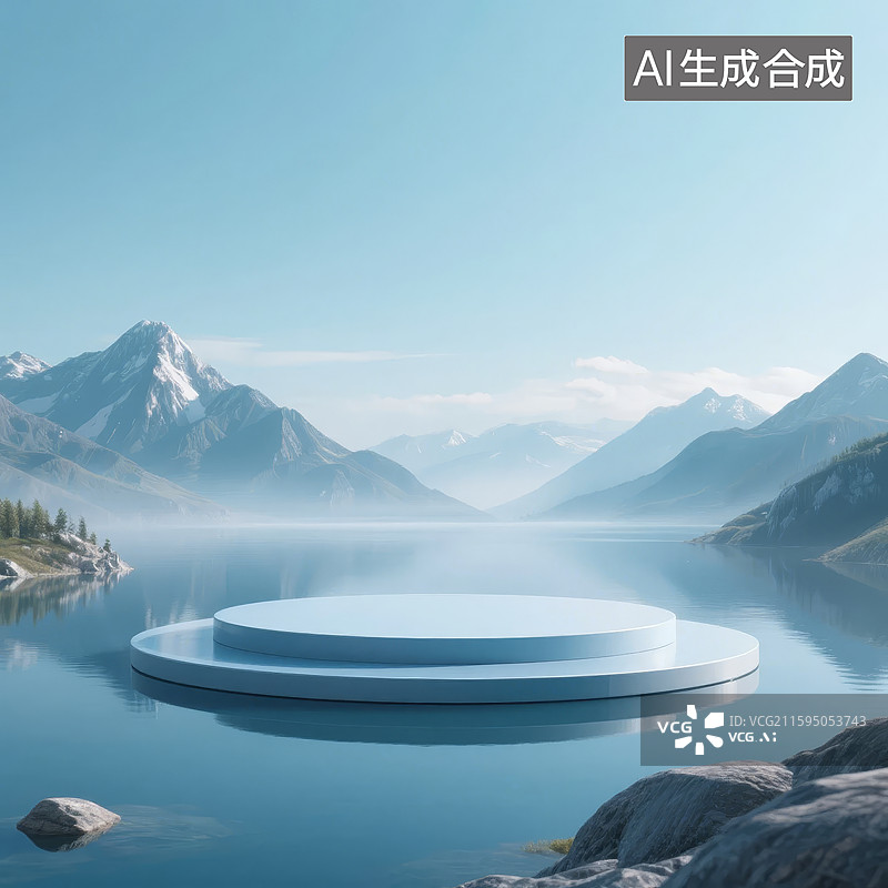 【AI数字艺术】湖面浮台与雪山远景图片素材