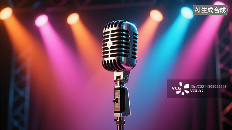 【AI数字艺术】舞台聚光灯下的复古麦克风图片素材