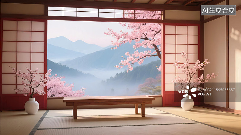 【AI数字艺术】日式房间樱花美景图片素材