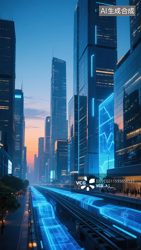 【AI数字艺术】未来城市夜景与发光轨道图片素材