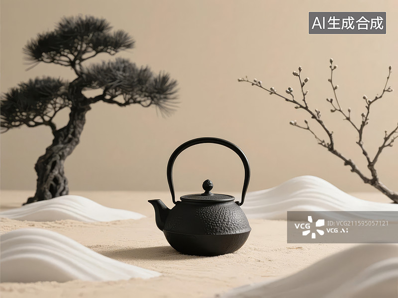 【AI数字艺术】黑陶茶壶与枯枝松树图片素材