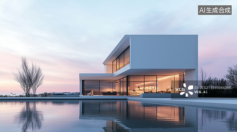 【AI数字艺术】超现代立方体住宅：几何极简主义与纯净光影的3D渲染呈现图片素材