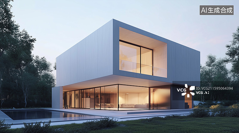【AI数字艺术】超现代立方体住宅：几何极简主义与纯净光影的3D渲染呈现图片素材