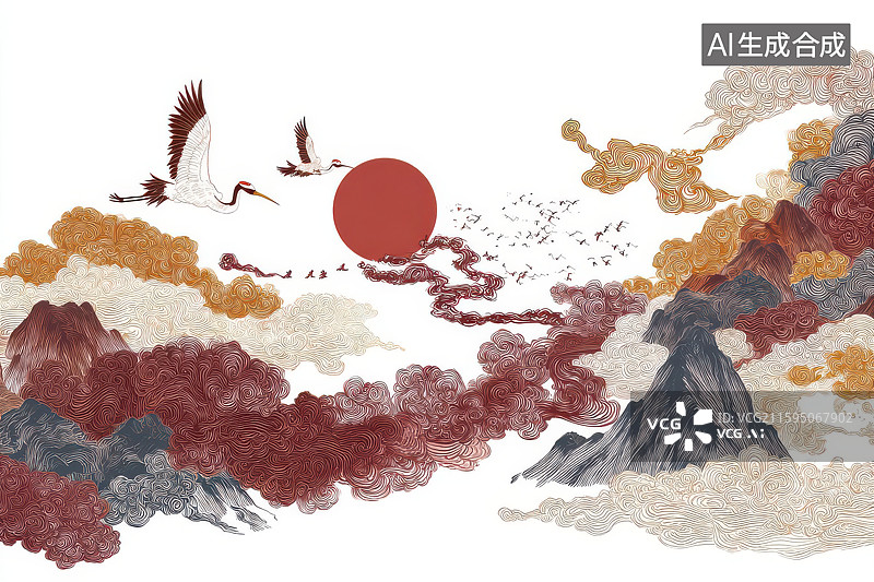 【AI数字艺术】红日仙鹤山海云雾古风线条画卷图片素材
