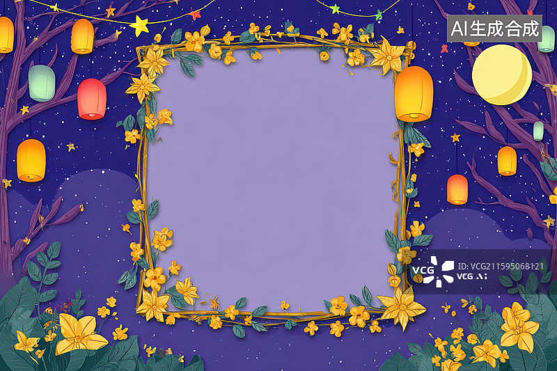 【AI数字艺术】紫色夜空灯笼花草星月装饰框架图片素材