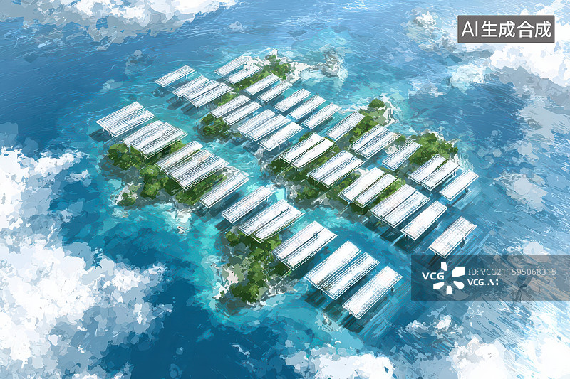 【AI数字艺术】人工浮岛群海洋俯瞰科技生态景观图片素材