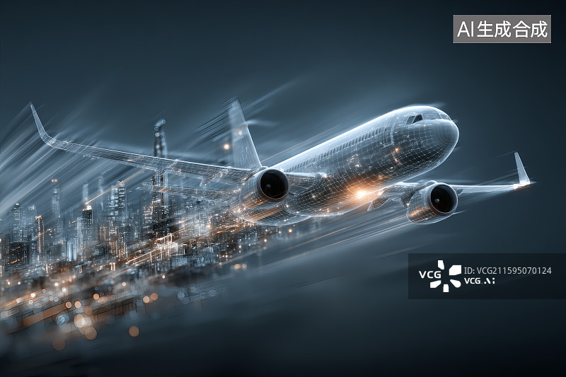 【AI数字艺术】城市夜景为背景，一架飞机腾空而起图片素材
