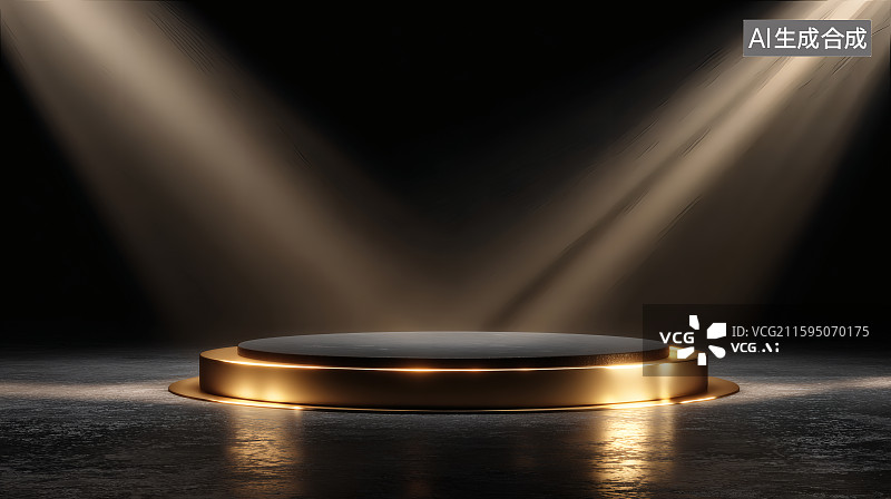 【AI数字艺术】舞台中央金色的展台，两道光束照射在上面，电子商务海报图片素材