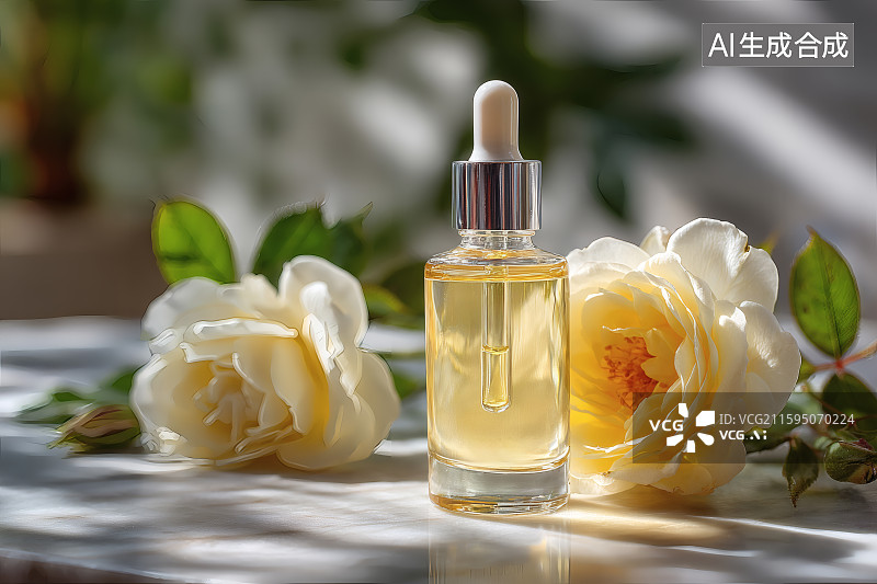 【AI数字艺术】桌面上的玫瑰花，阳光照射在大理石上的一瓶精华液图片素材