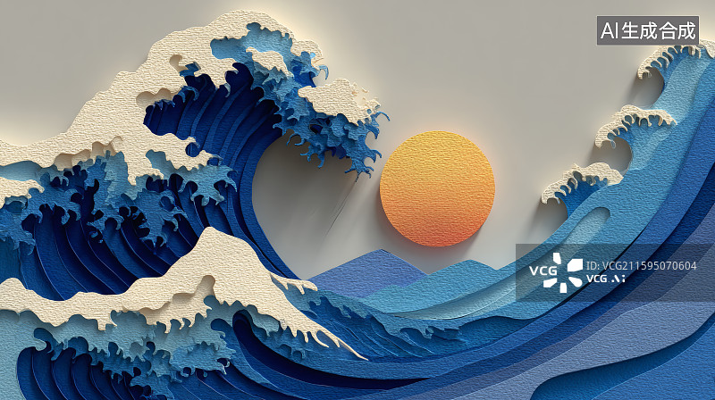 【AI数字艺术】蓝色的海浪，浪尖白色的浪花，一轮红日图片素材