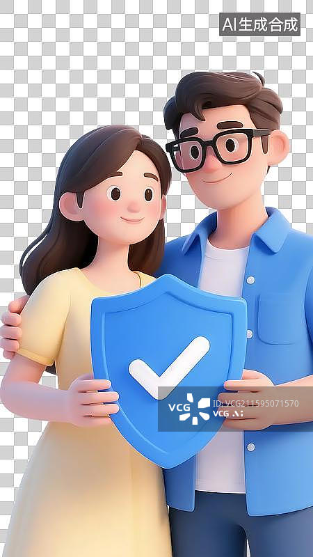 【AI数字艺术】情侣手持带对勾保护安全保险盾牌图片素材