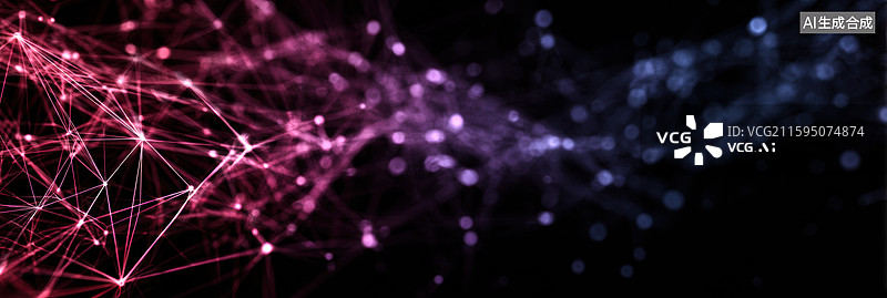 【AI数字艺术】抽象发光几何网络图案配鲜艳紫色红色代表人工智能复杂性相互连接形状形成数字网络背景用于商业演示图片素材