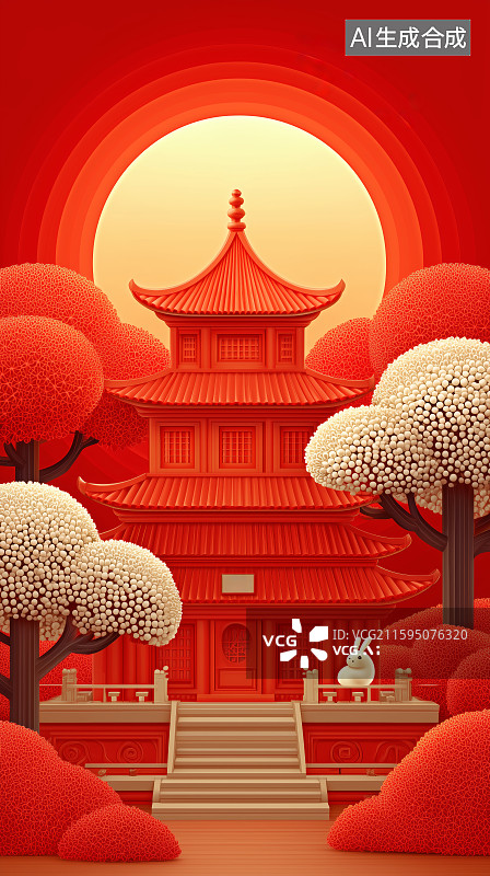 【AI数字艺术】兔子站在传统建筑前的节日场景图片素材
