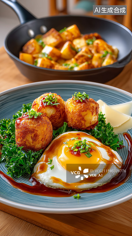 【AI数字艺术】煎锅中的荷包蛋配绿叶蔬菜图片素材