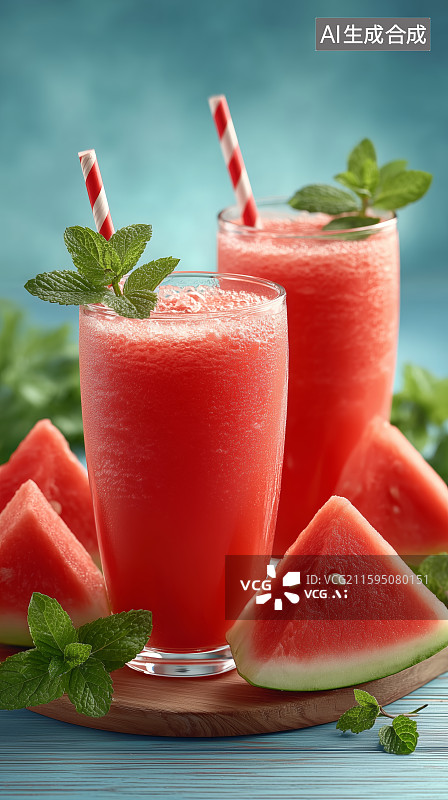 【AI数字艺术】西瓜汁饮品与冰块装饰图片素材