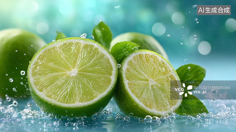 【AI数字艺术】新鲜青柠切片与薄荷叶在水中的特写图片素材