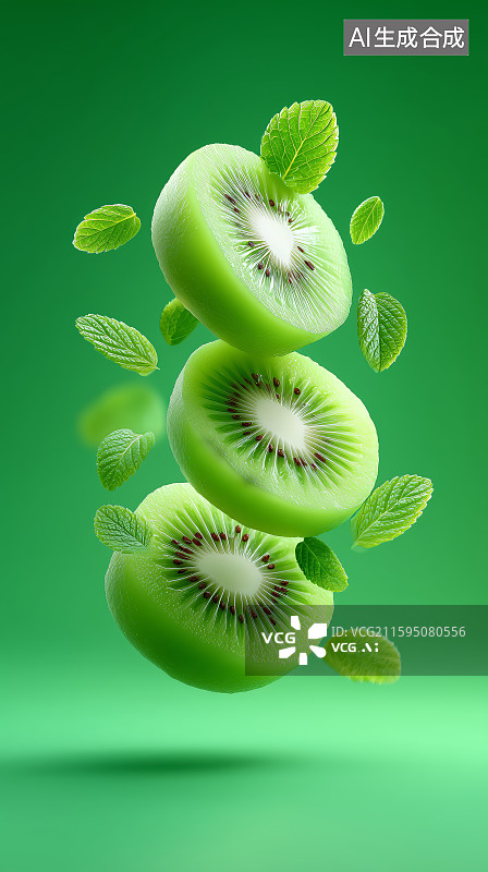 【AI数字艺术】悬浮的奇异果切片图片素材