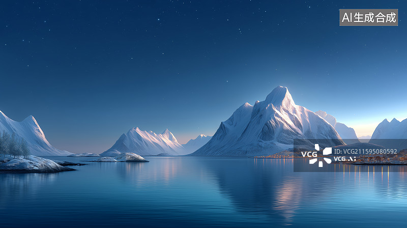 【AI数字艺术】雪山湖泊夜景星光璀璨图片素材