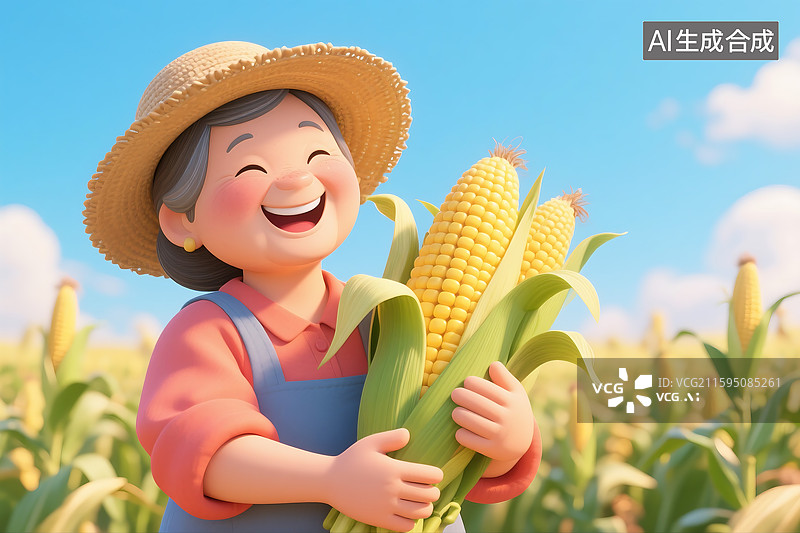 【AI数字艺术】3D三维立体C4D农业女性农民老年人丰收抱着玉米图片素材