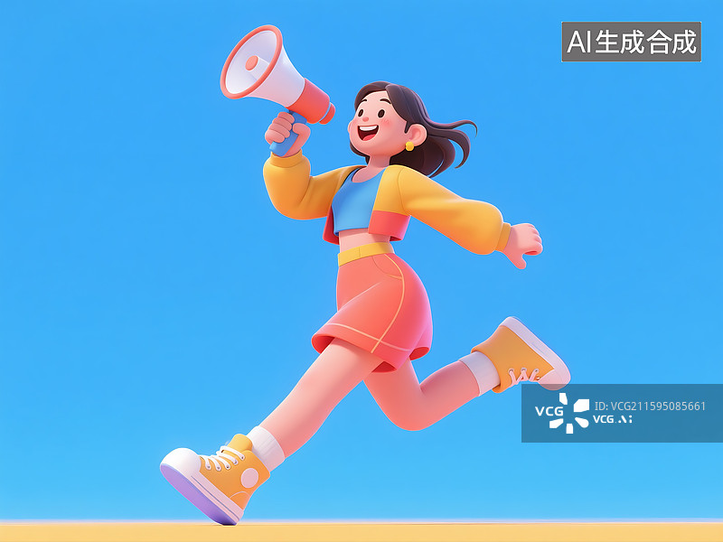 【AI数字艺术】3D三维立体C4D现代都市时尚潮流女孩女性青年人举着喇叭卡通形象图片素材