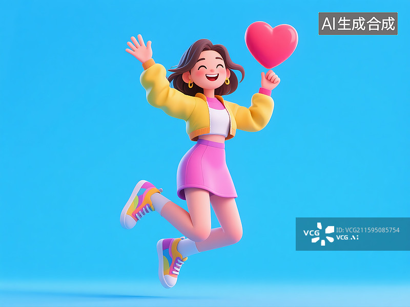 【AI数字艺术】3D三维立体C4D现代都市时尚潮流女孩女性青年人和爱心卡通形象图片素材